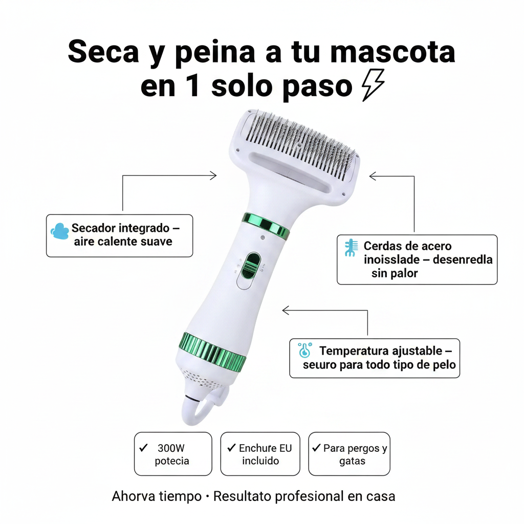 Secador-cepillo para mascotas 2 en 1 | Cuidado y secado rápido - Portátil y eficiente
