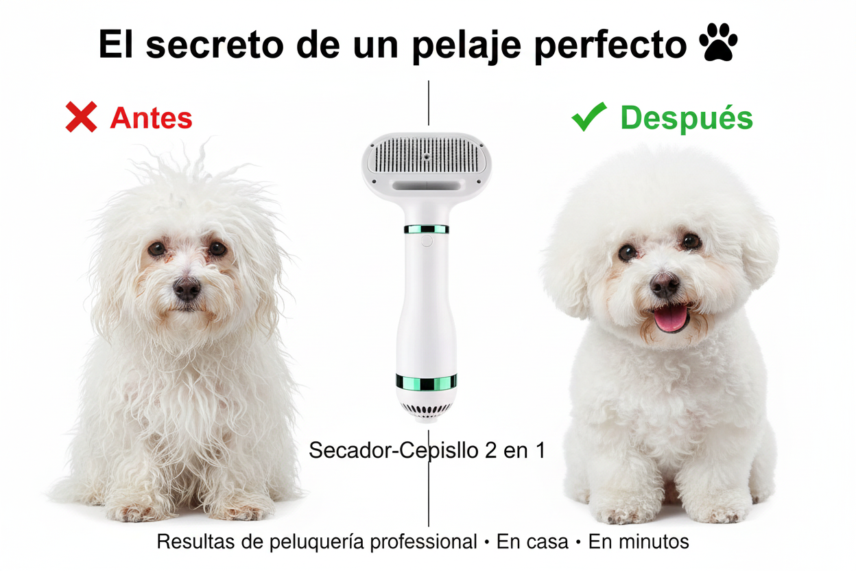 Secador-cepillo para mascotas 2 en 1 | Cuidado y secado rápido - Portátil y eficiente