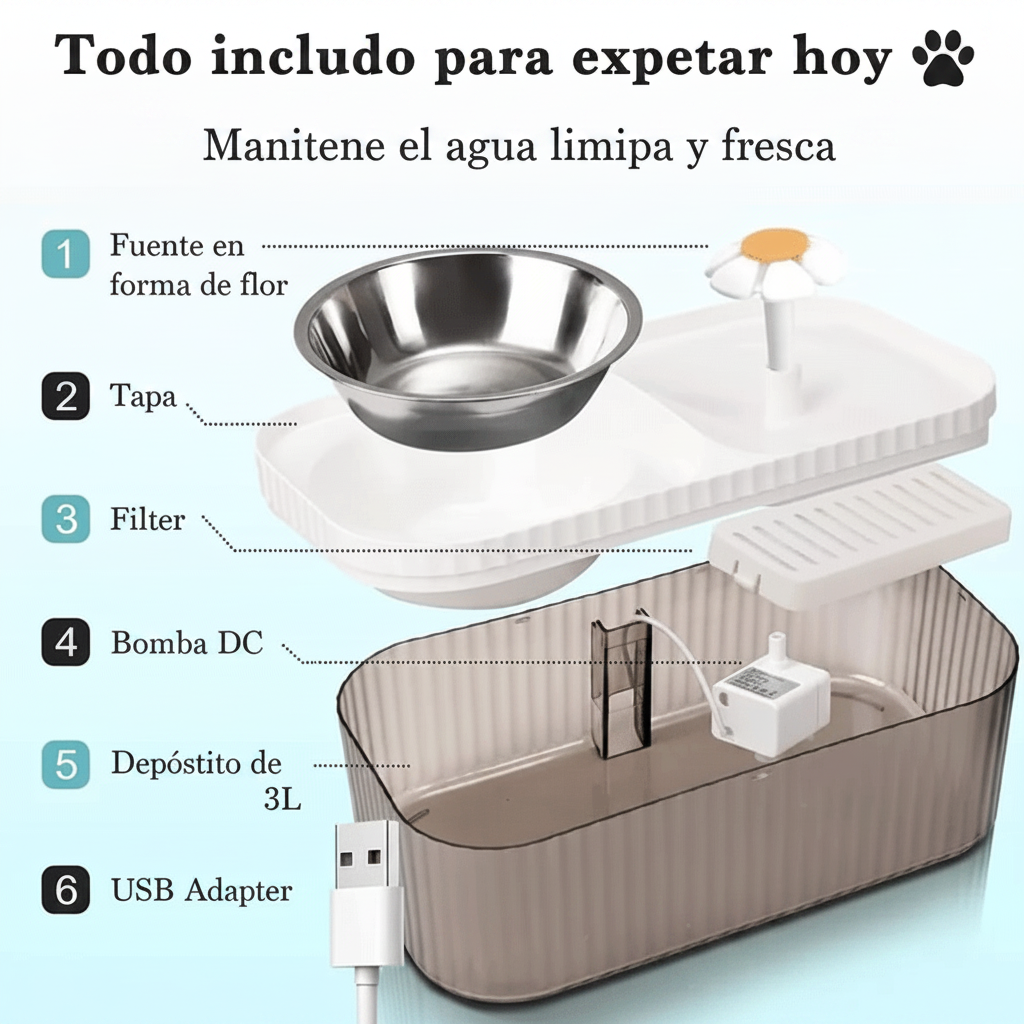 Comedero y Bebedero con Fuente para Mascotas 🐾 – 3L con Filtro Triple
